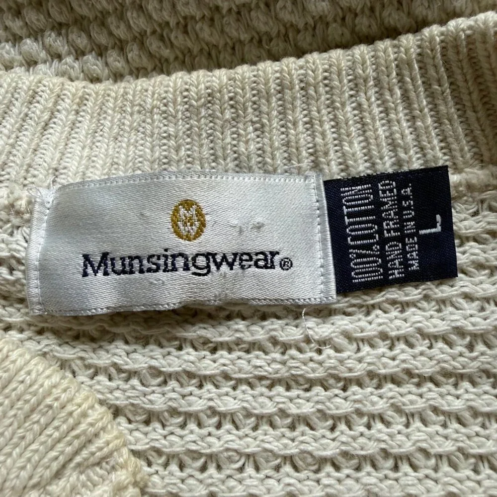 Vintage Henley Fisherman Pullover Sweater Munsingwear Size L Cream Waffle Knit